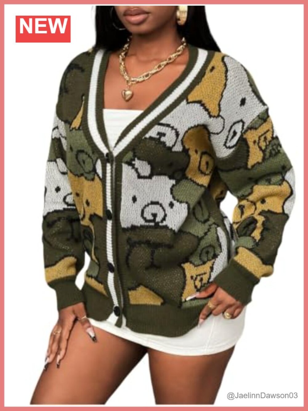 Women's V Neck Button Down Cardigan Bear Print Knit Sweater Fall